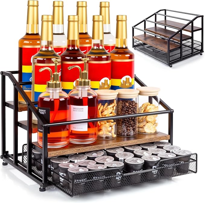 kimilus Coffee Syrup Rack Organizer, 4-Tier 12 Bottle Syrup Rack with 35 K Cup Drawer for Coffee Bar, Countertop Bottle Holder Stand for Dressing for Kitchen Cafe Station