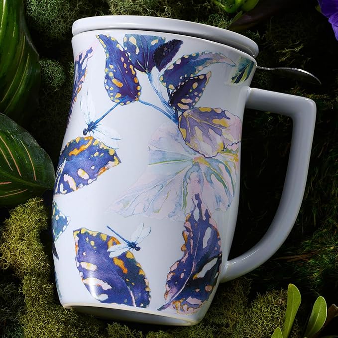 Tea Forte Ceramic Fiore Cup with Handle, Easter Basket Ideas, Removeable Stainless Steel Infuser Basket and Lid, Steeps 14 oz Loose Leaf Tea, Dishwasher & Microwave Safe, Demoiselle