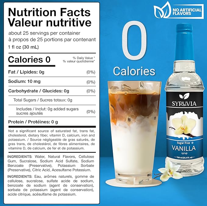 Syruvia Sugar Free Coffee Syrup, Vanilla Flavored Syrup for Drinks, Lattes, and Desserts – 25.4 fl oz