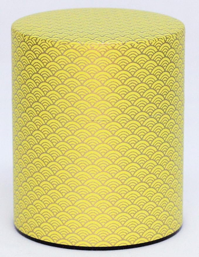 Washi Paper Tea Tin Canister: Wide 7oz (200g) Bright yellow waves with gold outlines (#87), Japan
