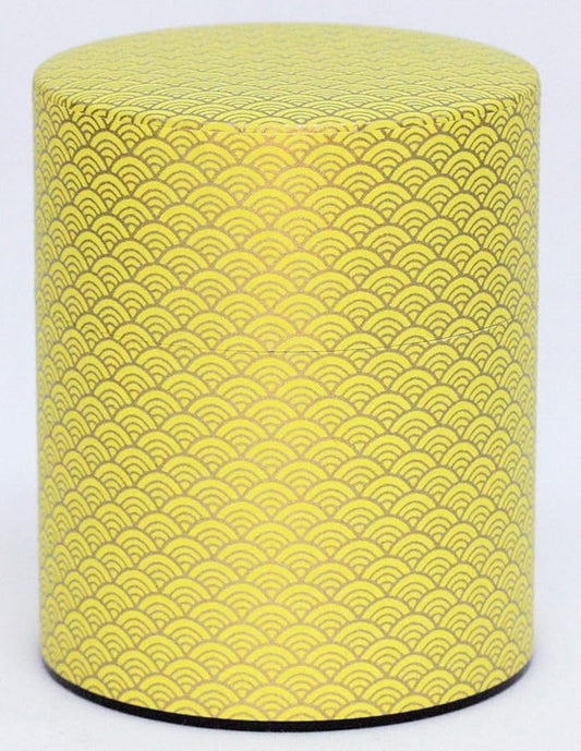 Washi Paper Tea Tin Canister: Wide 7oz (200g) Bright yellow waves with gold outlines (#87), Japan