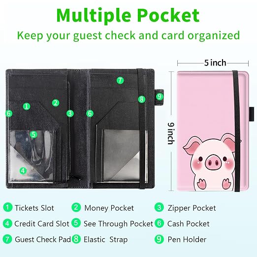 Server Books for Waitress, 5x9 Inch Waitstaff Server Order Pads, 11 Large Pockets, Cute PU Leather Waitress Book Server Wallet with Elastic Band Fit Server Apron,Cute Pig - Image 3