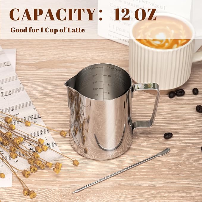 Milk Frothing Pitcher, 12oz Milk Frother Cup with Clear Scale, 304 Stainless Steel Cappuccino Espresso Machine Accessories for Barista Coffee Bar with Latte Art Pen, Silver