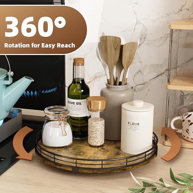 Lazy Susan Turntable Organizer for Table Top, 12’’ Round Wooden Lazy Susan for Cabinet Kitchen Countertop Pantry Dining Coffee Table for Condiments Spices, Rustic Bathroom Vanity Tray for Soap Candle - Image 3