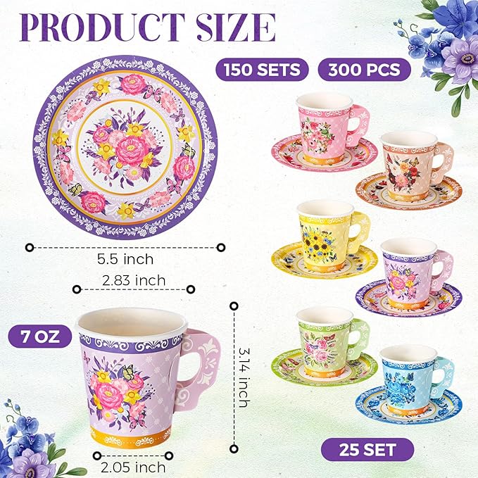 Nuogo 300Pcs Floral Paper Tea Cups and Saucers 7 OZ Disposable Tea Cup with Handle and Plates for Party Supplies Wedding Birthday Baby Shower Bridal Mother's Day, Serve 150 Guest(Elegant Color)