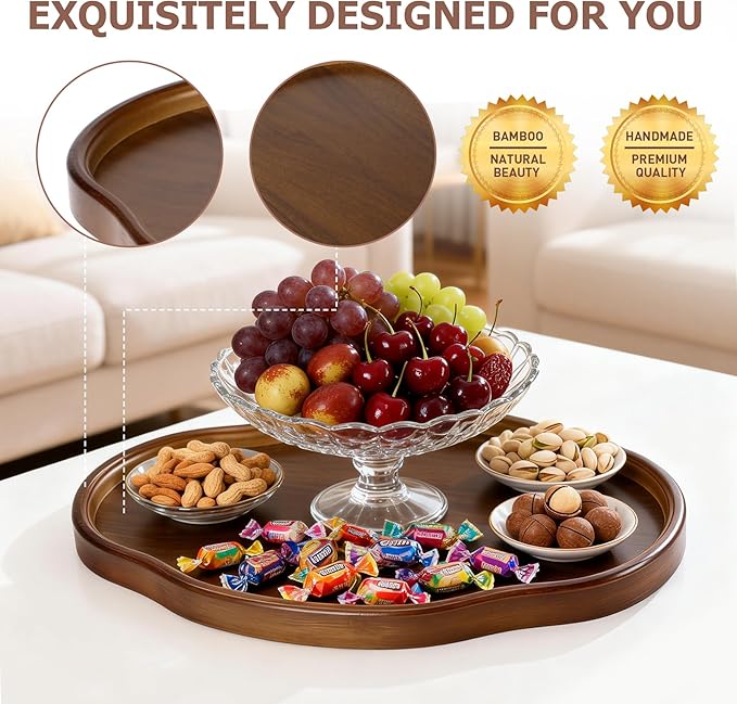 Wood Serving Tray, Wooden Tray, 14.57 Inch Irregular Decorative Serving Trays Platters for Home,Party,Coffee Table,Dining Table & Countertop