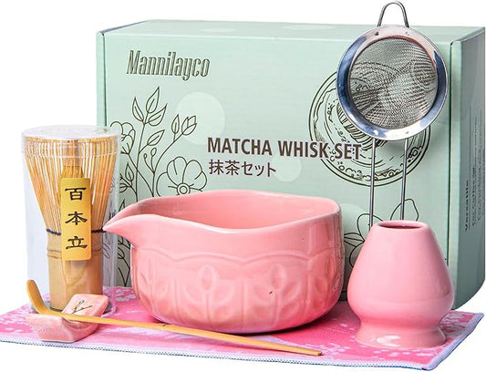 Matcha Whisk Bowl Set, 7PCS Japanese Matcha Kit with Spout Bowl (Pink) Bamboo Whisk Stand Scoop Sifter Accessories for Tea Ceremony Latte, Gifts for Family,Friends