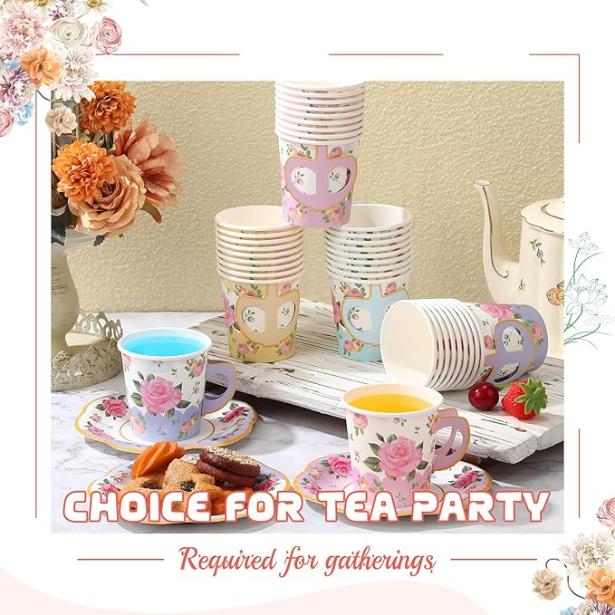 36 Sets Tea Party Decorations 6.5 oz Floral Paper Tea Cups with Handle and Plates Disposable Blossom Teacups and Saucers Sets for Girls Kid Birthday Garden Wedding Party Supplies(Gradient Mixed Color)