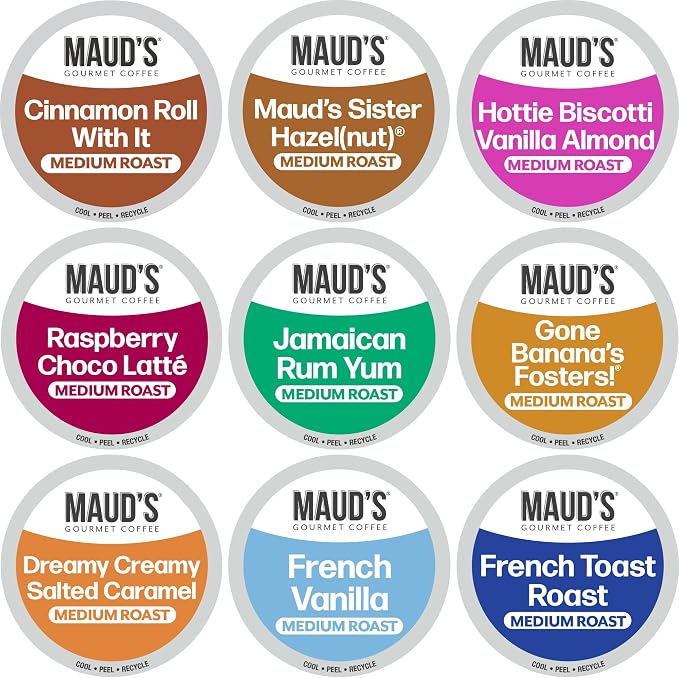 Maud's Flavored Coffee Pods Variety Pack, 40 ct, 9 Assorted Flavors, Medium Roast Flavored Coffee in Single Serve Pods – 100% Arabica Beans, Compatible with Keurig K Cups Maker by MAUDSCOFFEETEA