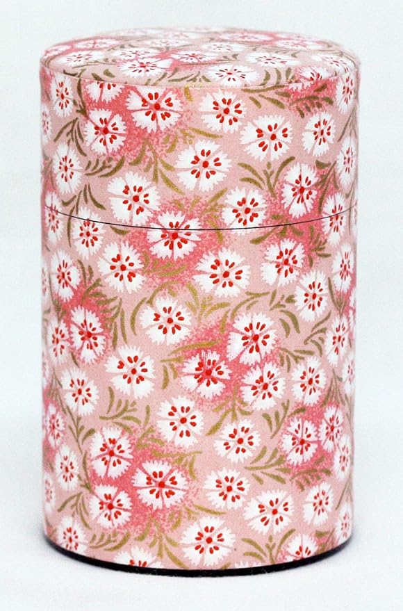 Washi Paper Tea Tin Canister: Long 3.5oz (100g) Pink Dianthus (#39), Japan