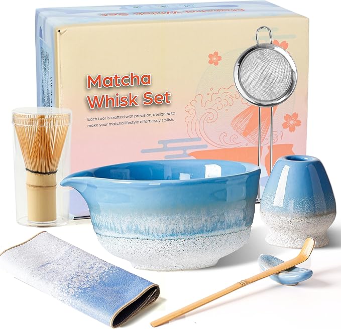 Matcha Whisk Set, Ceramic Matcha Kit Desert Style, Matcha Whisk and Bowl, Bamboo Scoop and Rest, Sifter and Tea Towel, 7 Pcs Gifts for Matcha Lover - Light Blue