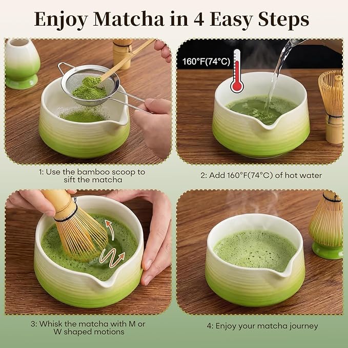 Matcha Set, Japanese Matcha Kit with Ceramic Bowl & Holder, Bamboo Whisk & Scoop, Stainless Steel Sifter, Complete Matcha Accessories Set for Traditional Tea Ceremony, Home & Gift,Green