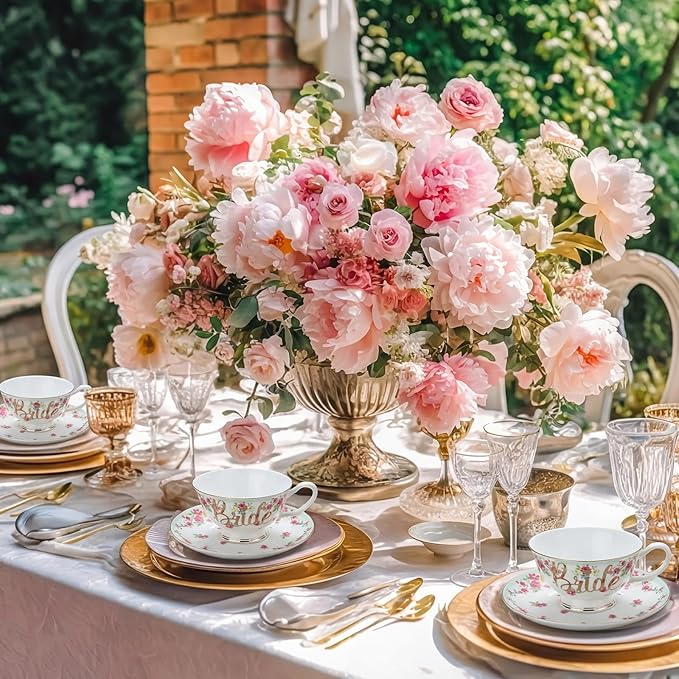 Rtteri Bride Teacup and Saucer Set 7oz Bridal Shower Teacup Porcelain Ceramic Tea Cups for Bridal Shower Tea Party Wedding Decor Victorian Elegant Coffee(Green,Floral)