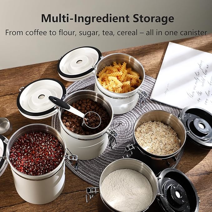 Bincoo Coffee Canister, Airtight Stainless Steel Coffee Bean Storage Container with Date Tracker, Home Kitchen Food Storage Organizers for Grounds,Beans,Espresso,Sugar,Scoop,Bar (1200ML-White)