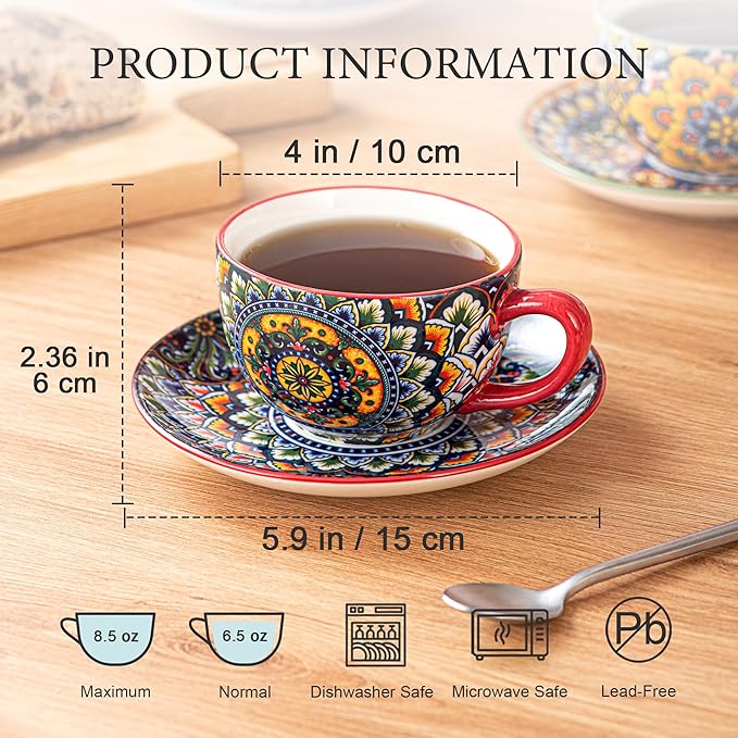 Henten Home 8.5 oz Cappuccino Cup and Saucers Set, Ceramic Coffee Cup Set of 6, Bohemian Cup for Latte, Tea, Hot Cocoa, Espresso, Microwave & Dishwasher Safe