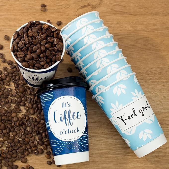 Disposable Coffee Cups with Lids 16 oz, 50 Pack Double-Walled Fun Designs, Insulated, Hot Beverage Paper Cups for Cold & Hot Drinks