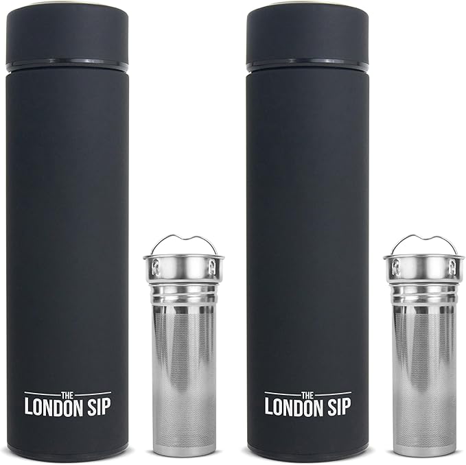 the London Sip Multi-Purpose Travel Mug and Tumbler Fruit Infused Flask Hot and Cold Double Wall Stainless Steel Thermos with Extra-Long Infuser, Zen Black, Pack of 2