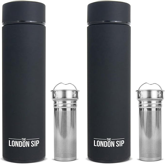 the London Sip Multi-Purpose Travel Mug and Tumbler Fruit Infused Flask Hot and Cold Double Wall Stainless Steel Thermos with Extra-Long Infuser, Zen Black, Pack of 2
