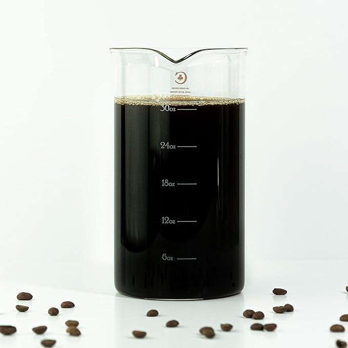 French Press Replacement Glass by Cafe Crush Club - Fire Hardened Borosilicate Beaker - 34 Ounce | 1 Liter Size with White Measures