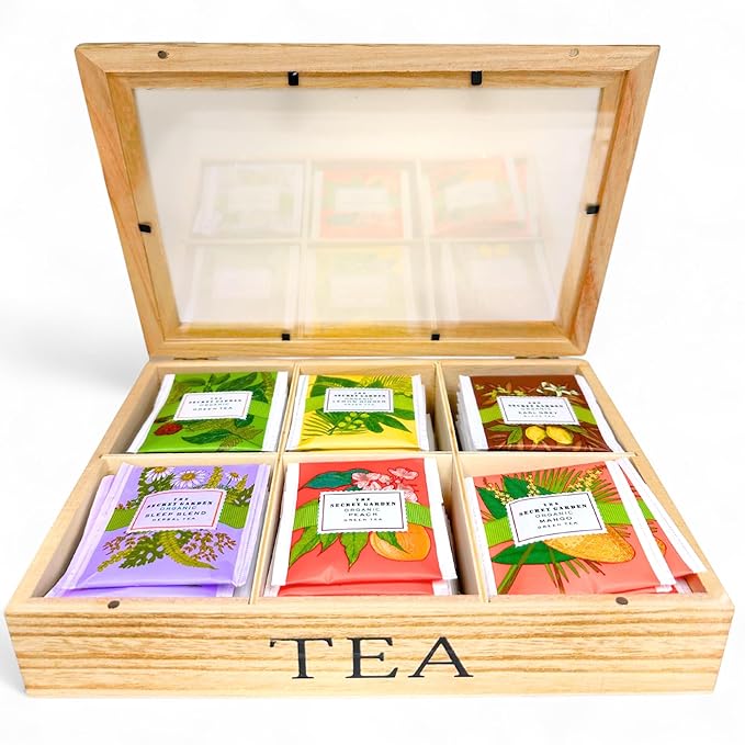 Premium Organic Wooden Tea Sampler Gift Box With 6 Flavors Made With Real Ingredients, Non-GMO and Dye Free, Includes Green Tea, Peach, Mango, Earl Grey, Sleep Blend, Lemon Ginger (60 Bags)