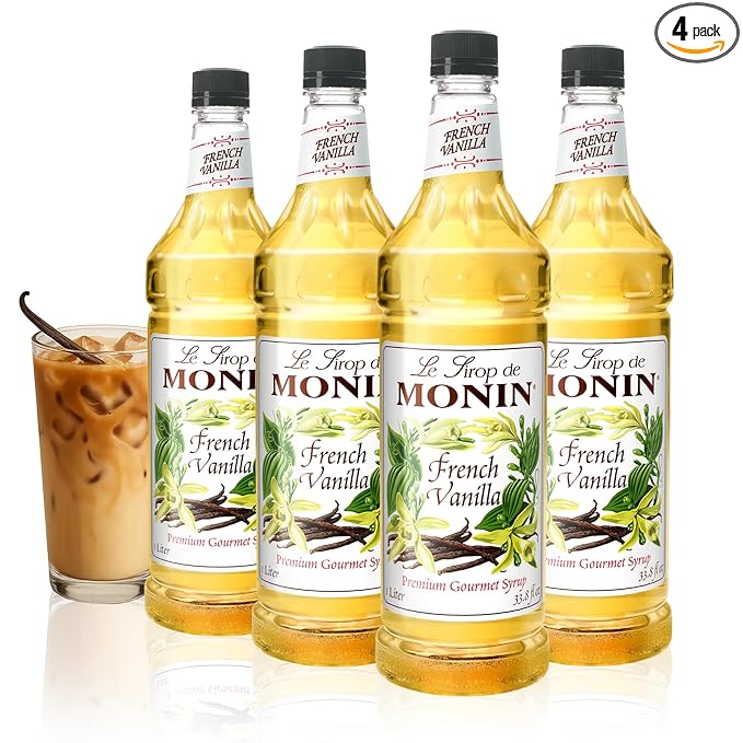 Monin - French Vanilla Syrup with Monin BPA Free Pump, Boxed, Versatile Flavor, Natural Flavors, Great for Coffees, Cocktails, Shakes, and Kids Drinks, Non-GMO, Gluten-Free (1 Liter, 4-Pack)