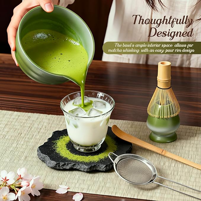 5 Pcs Gradient Green Matcha Set - Ceramic Bowl, Bamboo Chasen, Holder, Scoop & Sifter for Tea Ceremony Enthusiasts, Matcha Whisk Set for Tea Lovers