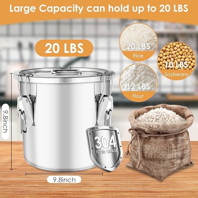 Stainless Steel Containers with Lids,20 lbs Large Capacity Food Storage Containers for Rice Flour Sugar Grain Coffee Bean,Airtight Canister for Kitchen & Pantry Organization