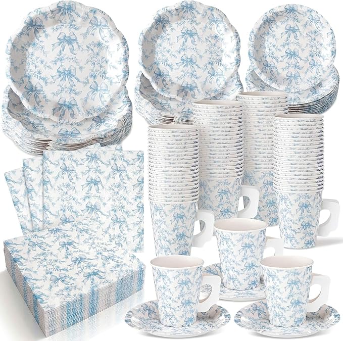 Pickmesh 252 Pcs Blue Bow Floral Tea Party Supplies for 36 Guests Flower Paper Disposable Dinnerware Flower Teacup with Handle and Saucers Set for Tea Party Decorations Birthday Baby Shower Wedding