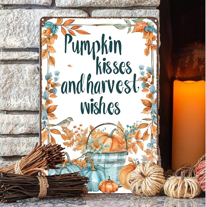 KanaAt Pumpkin Kisses and Harvest Wishes Metal Tin Sign Fall Decorations for Home Kitchen Farmhouse Porch Thanksgiving Party Wall Decor 8x12 inch, diany-m92 - Image 5