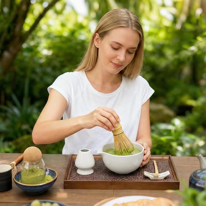 Matcha Whisk Set 5 Pcs, Matcha Kit Set Includes Matcha Bowl, Matcha Whisk and Holder, Bamboo Scoop and Sifter, Ceramic Matcha Set, Matcha Tea Set, Ideal Gift for Family/Friend (White)