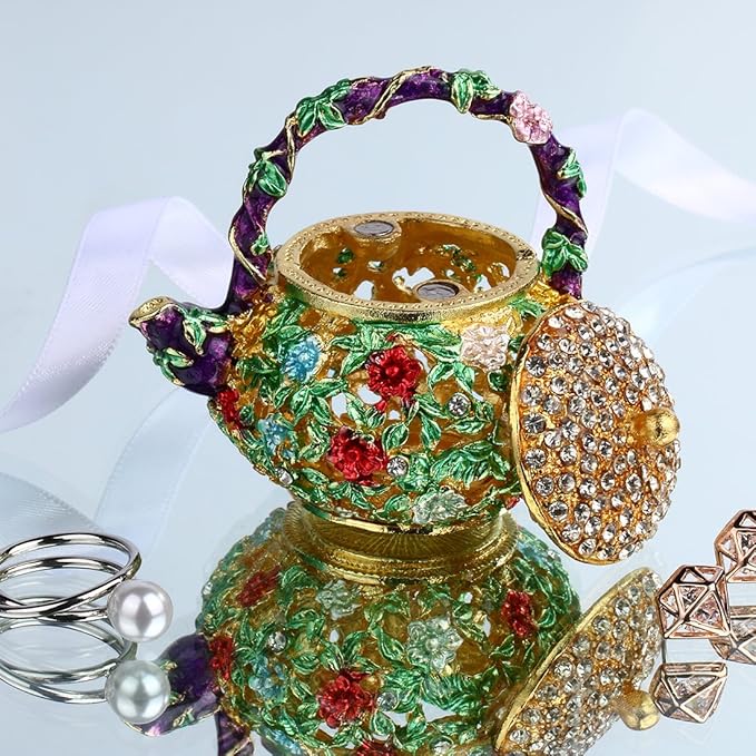YU FENG 4.7inch Mini Teapot Trinket Box Hinged For Girls Ring Holder Handmade Ring Holder Dish Decorated (teapot) Christmas Gift