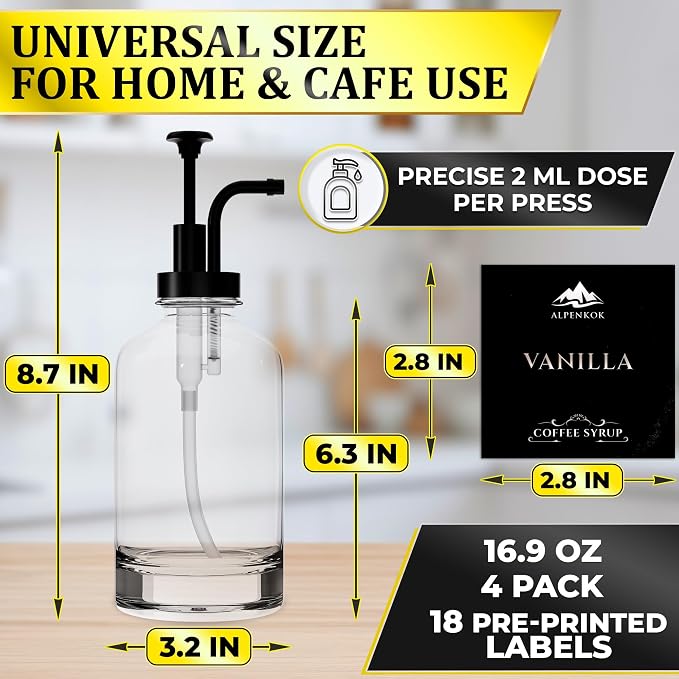 Set of 4 Glass Coffee Syrup Dispenser with Pump 16.9oz 500 ml – 18 Marked Labels – Leak-Proof Glass Syrup Bottles for Coffee Bar, Espresso Station & Barista Setups | Parties & Event Ready (Black) - Image 2