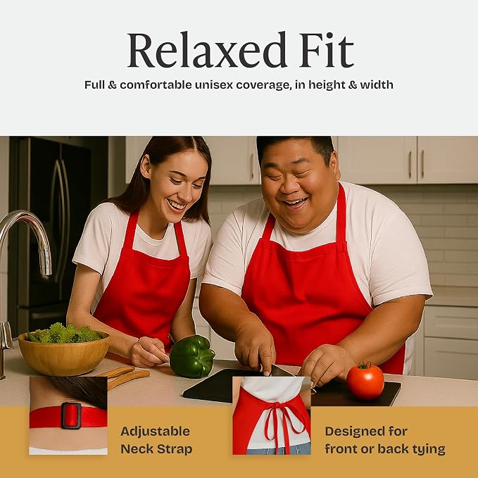 Will Well Kitchen 2 Pack Bib Apron For Men & Women with 2 Pockets - Red | Unisex 33'' x 27'' Oil & Water Resistant Soft Kitchen Chef Apron with Adjustable Neck Strap & 38'' Waist Ties for Snug Fit - Image 5