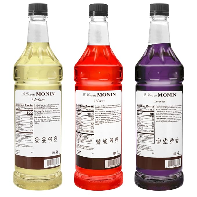Monin - Floral Variety Pack, Lavender, Elderflower, & Hibiscus Syrup, Floral Flavors, Great for Cocktails, Mocktails, Teas, & Lemonades, Gluten-Free, Vegan, Non-GMO (1 Liter Per Bottle, 3-Pack) - Image 2