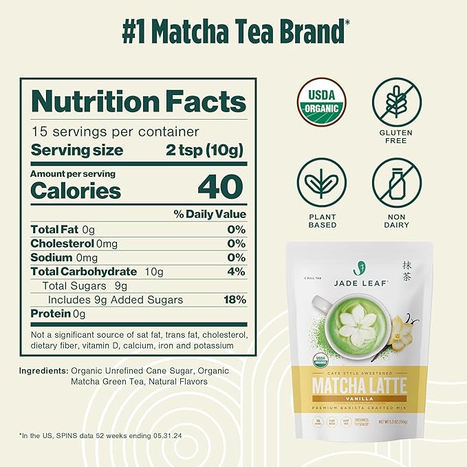 Jade Leaf Matcha Organic Vanilla Matcha Latte Mix - Lightly Sweet Japanese Matcha Green Tea Powder with Organic Cane Sugar for Café Style Blend, 5.3 Ounce / 150g (Pack of 1)