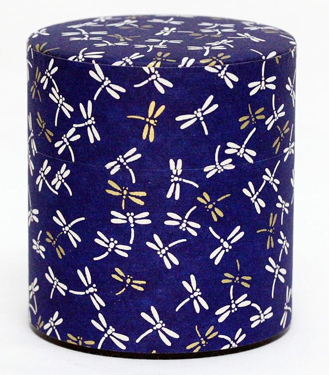 Washi Paper Tea Tin Canister: Wide 5.3oz (150g) Dragon Fly in Midnight Sky (#121), Japan