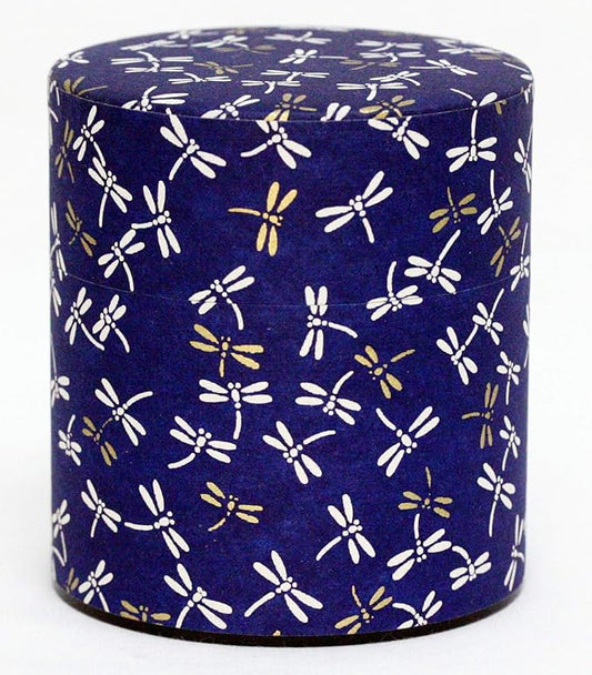 Washi Paper Tea Tin Canister: Wide 5.3oz (150g) Dragon Fly in Midnight Sky (#121), Japan
