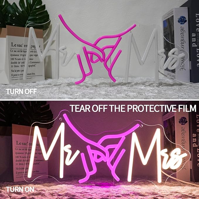 Mr and Mrs Neon Sign Dimmable for Wedding Decor Hand in Hand Neon Light Sign Mr & Miss Led Signs for Bridal Shower Anniversary Party Engagement Valentines Day Gift 16.5" x 7.8"