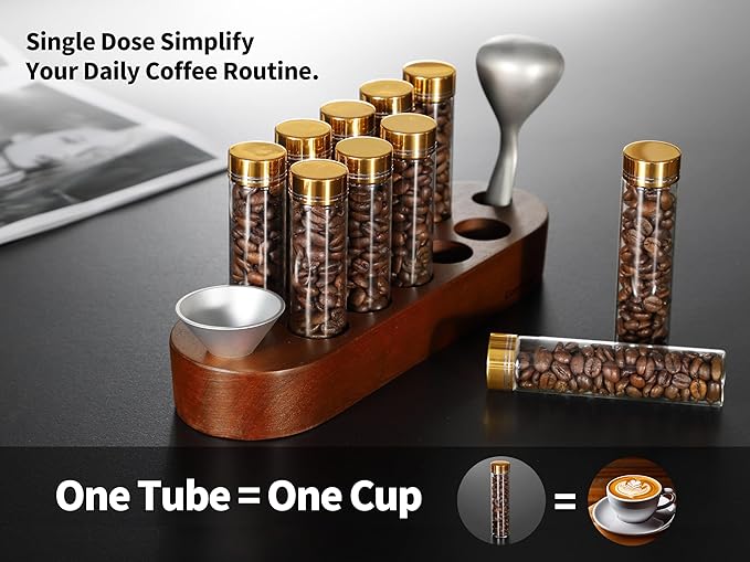 Coffee Bean Container, Single Dose Coffee Bean Storage,10PCS Coffee bean cellar container with wooden stand and funnel coffee spoon.(rose gold lids)