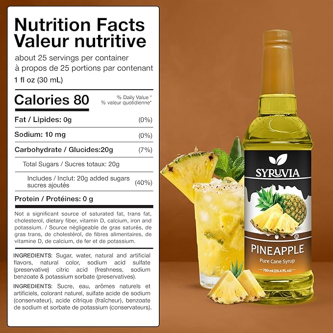 Syruvia Pineapple Syrup, Flavored Syrup for Drinks, Cocktails, Lemonades, Iced Teas, and Desserts – 25.4 fl oz