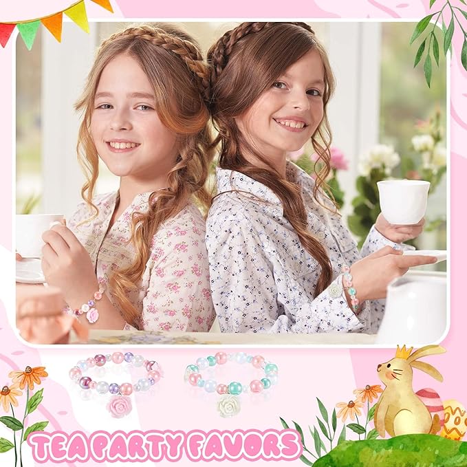 Ecally 12 Pcs Kids Bracelet for Girls Toddler Jewelry Flower Princess Party Favors Friendship Bracelets Adjustable Pretend Classroom Reward