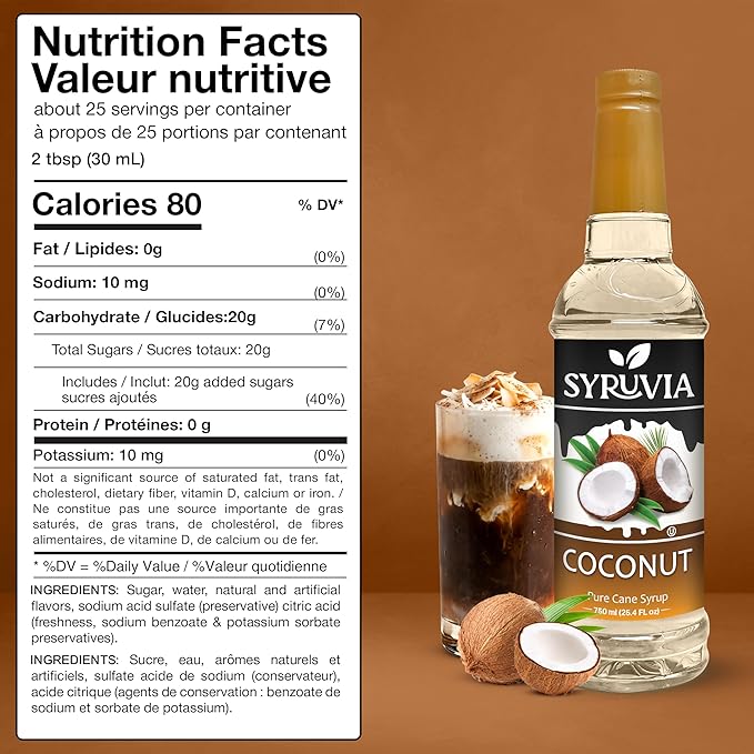 Syruvia Coffee Syrup, Coconut Flavored Syrup for Drinks, Lattes, and Desserts – 25.4 fl oz