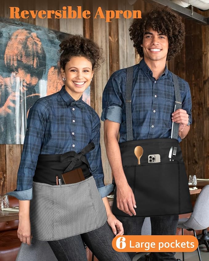 Slohif Reversible Server Apron 6 Pockets - Waist Apron for Waitress Women Half Serving Short Apron for Waiter - Image 3