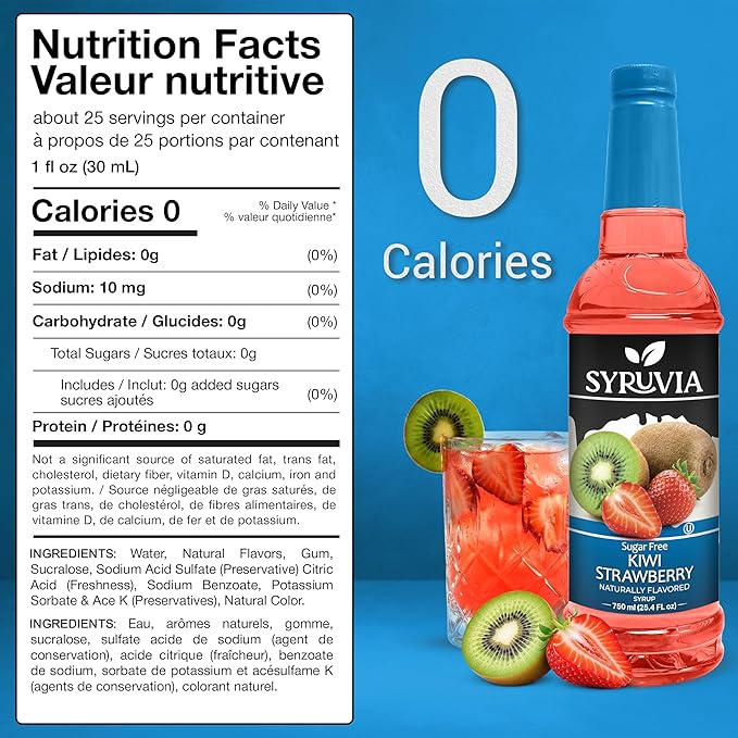 Syruvia Sugar-Free Strawberry Kiwi Syrup, Natural Flavors, Syrup for Drinks, Lattes, and Desserts – 25.4 fl oz
