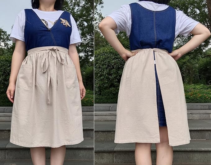 Unisex Chef Aprons White Retro Cotton Maid Short 2 Pockets Waist Waiter Waitress Half Apron - Image 6
