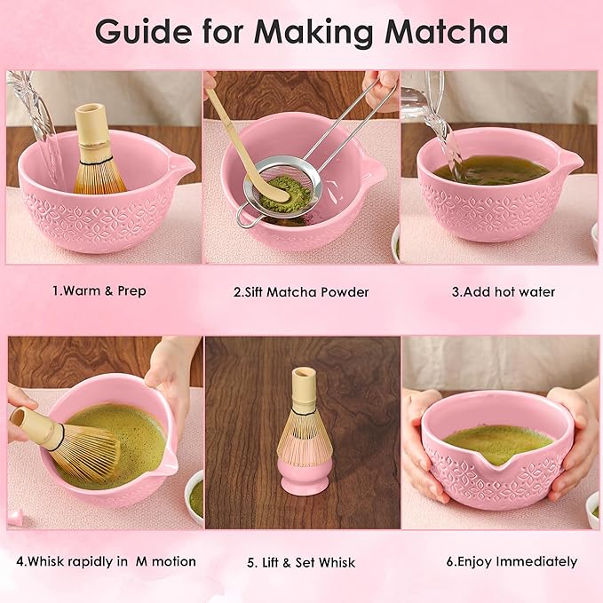 Matcha Whisk Set Matcha Kit - 7 Pcs Japanese Tea Set Includes Matcha Bowl with Spout,Bamboo Whisk with Ceramic Holder,Bamboo Scoop and Rest,Sifter,Tea Towel, for Ceremony Matcha Lovers Gift,Pink