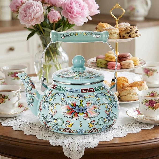 2.6 Quart Floral Enamel Tea Kettle, Vintage Enameled Teapot Stovetop, Enamel on Steel Water Coffee Tea Pot with Ceramic Handle, Colorful Hot Water Kettle for Home Kitchen Decor, No Whistling