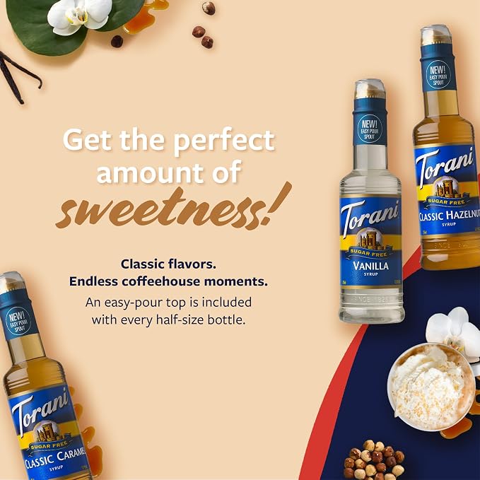 Torani Sugar Free Coffee Syrup, Vanilla, Caramel, and Classic Hazelnut Variety 3-Pack, Flavoring for Drinks, New Easy-Pour Spouts Included, Half-Size Bottles, 12.7 Fl Oz Ea - Image 3