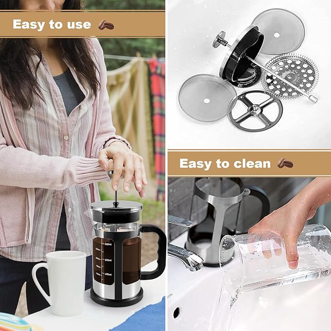 French Press Coffee Tea Maker, Upgrade Heat Cold Resistant Thickened Glass with 4 Level Stainless Steel Filtration System Brew Coffee & Tea, BPA Free, Large 1000ml 34oz (Silver)
