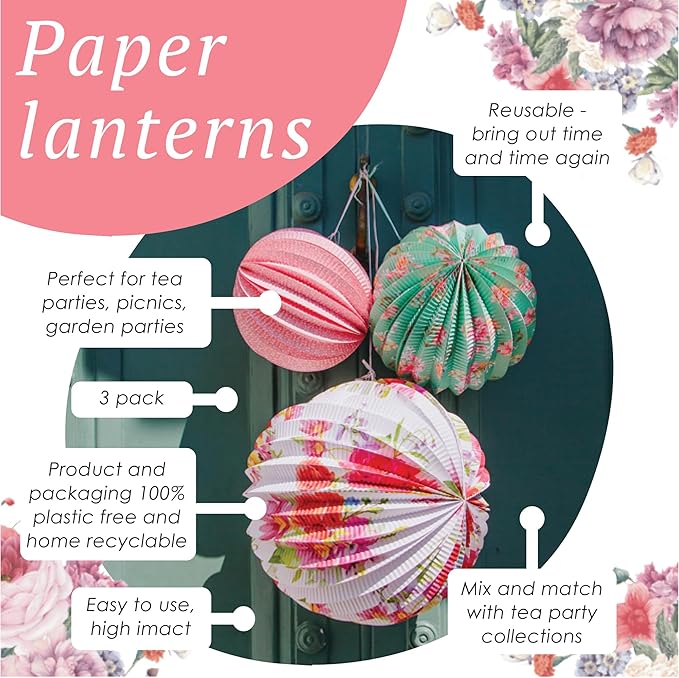 Talking Tables Tea Party Decorations Floral Paper Lantern Plates Vintage Party for Birthdays, Bridal shower, Baby shower, 3 Sizes, Pack of 3, Pastel colors, Model: